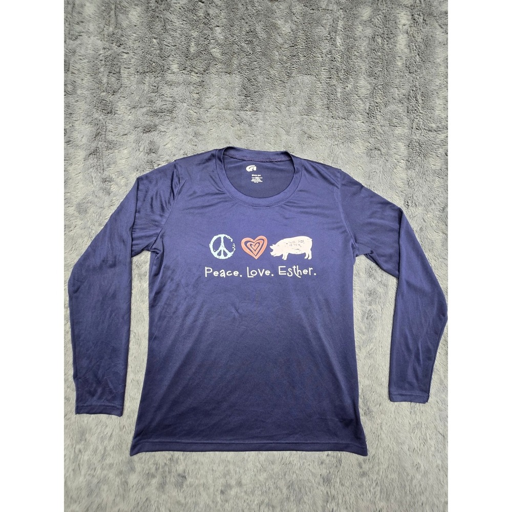 Athletic Knit Peace Love Esther Pig Long Sleeve Performance Shirt Navy Blue M